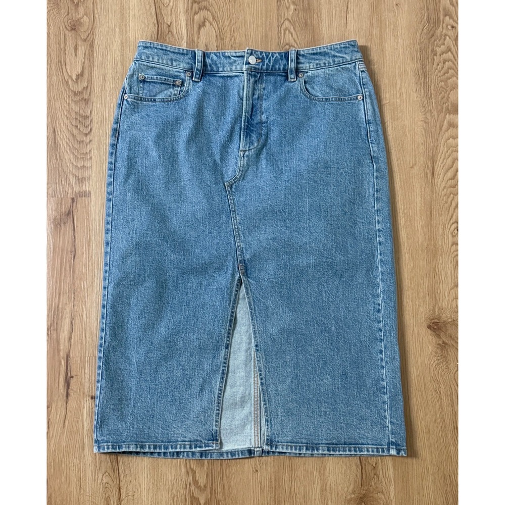 LL Bean Signature Denim Midi Skirt Blue High Waisted Front Slit Size 12 Reg